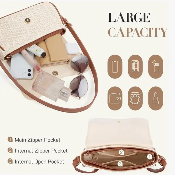 *New* Shoulder Bag Purse/Trendy Underarm Crescent - Black and Raffia Woven - Picture 4 of 16